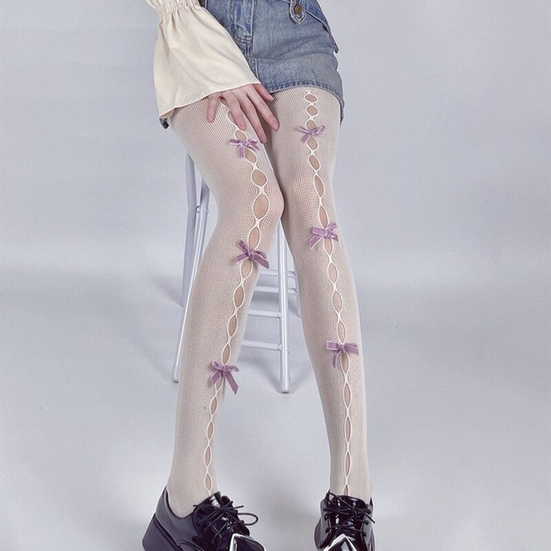 Strict selection of y2k girls milk white hollow bow net stockings Japanese sweet lolita spring and autumn black silk pantyhose