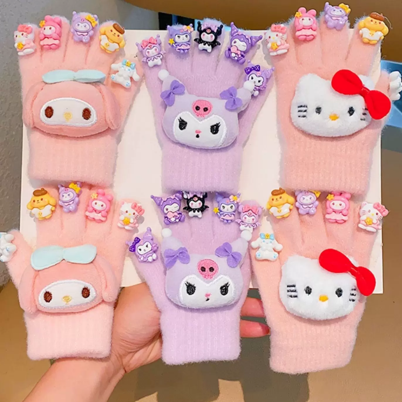 可爱三丽欧五指手套男女宝宝冬季防冻保暖手套加绒分指可写字手套