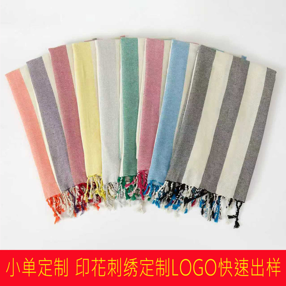 Small Batch Custom Cross-Border In-Stock American-Style Tassel Natural Beach Towel with Edge Stripes Turkish Bath Towel 21 Pieces