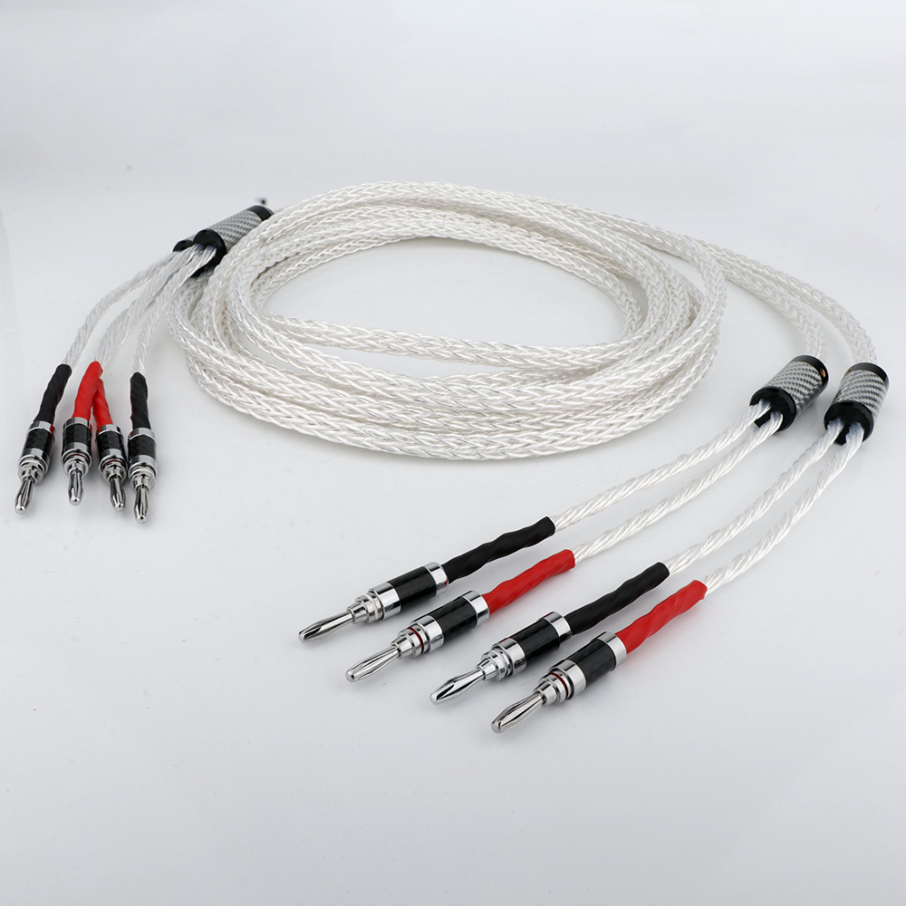 Preffair 8AG Fever Power Amplifier Speaker Wire HiFi Single Crystal Copper Silver Plated Horn Wire with Carbon Fiber Banana Head