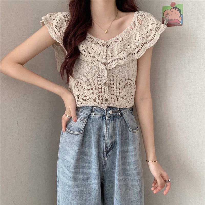 2025 Summer New Style Small Fragrant Crochet Hollow Sleeveless Solid Color Versatile Outer Vest Cardigan for Women Trendy
