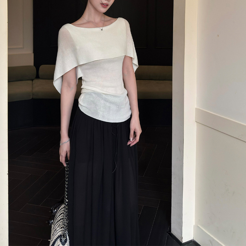 Qianyu Old Money Style Off-Shoulder Cape Short-Sleeve T-Shirt for Women, Summer Elegant Loose Knit Top with Waist-Cinching and Draping Effect
