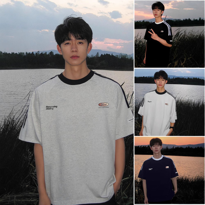 Heavyweight Short-Sleeve T-Shirt for Men, Summer 2025 New American Style, Three-Stripe Casual Top, Half-Sleeve, Stylish Men