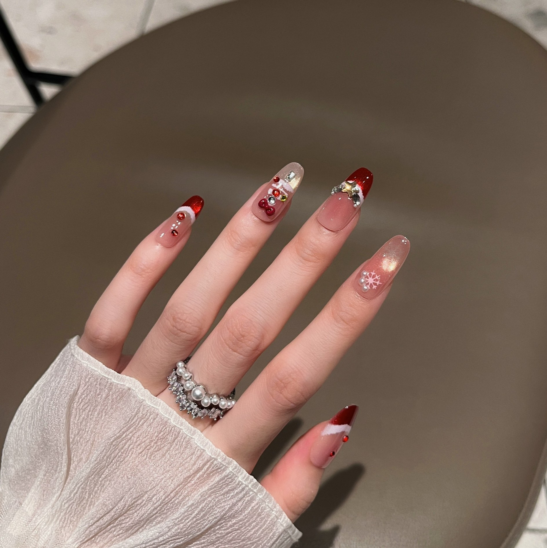 Navidad manicure nuevo rojo francés ojo de gato usar pieza de uñas productos terminados elíptico blanco dulce pieza de uñas falsas
