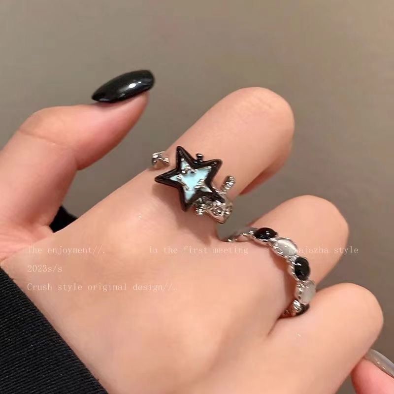 Contrast color Opal star ring female ins fashion personality couple index finger ring niche temperament all-Match ring