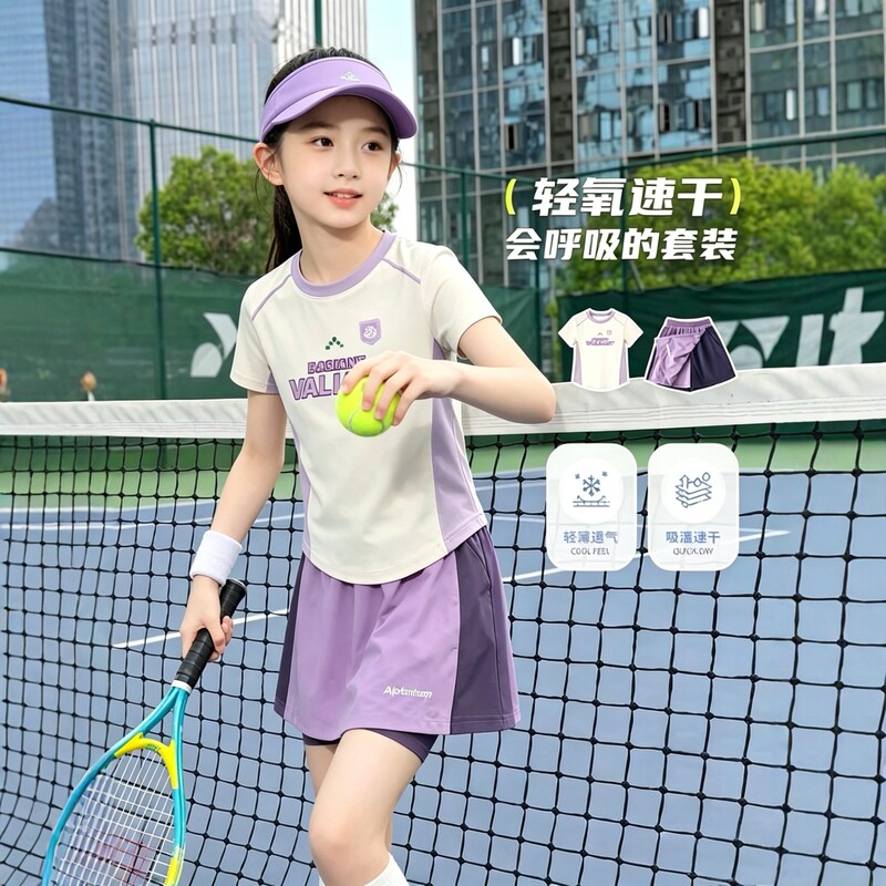 Cross-Border Girls' Sports Suit Summer Outfit for Older Children, Quick-Dry Short-Sleeve Lightweight Running Training Outfit, Skirt and Pants Two-Piece Set