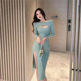 2021秋冬新款性感镂空包臀裙女收腰显瘦气质中长款打底开叉连衣裙