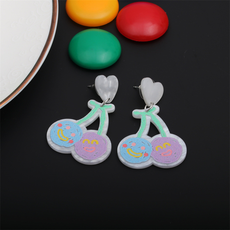 Pendientes tridimensionales de cerezo de amor transfronterizo europeo y americano pendientes de expresión facial acrílica de verano para mujer pendientes de mujer