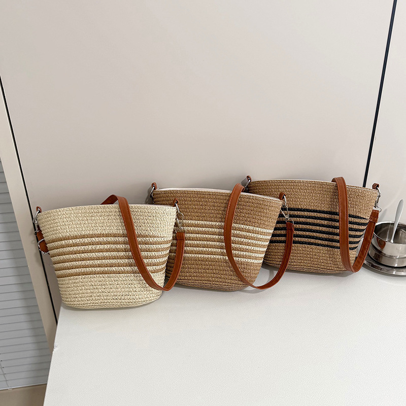 New Portable Crossbody Straw Bag, Small Shoulder Bag, Handmade Woven Bag, Striped Beach Bag, Commuter Cross-Border Women's Bag New Portable Crossbody Straw Bag, Small Shoulder Bag, Handmade Woven Bag, Striped Beach Bag, Commuter Cross-Border Women's Bag