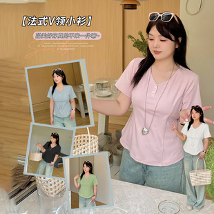 plus size chubby girl V-neck Pullover Short Sleeve T-shirt Women's 2025 Summer New Candy Color Sweet Top 232209
