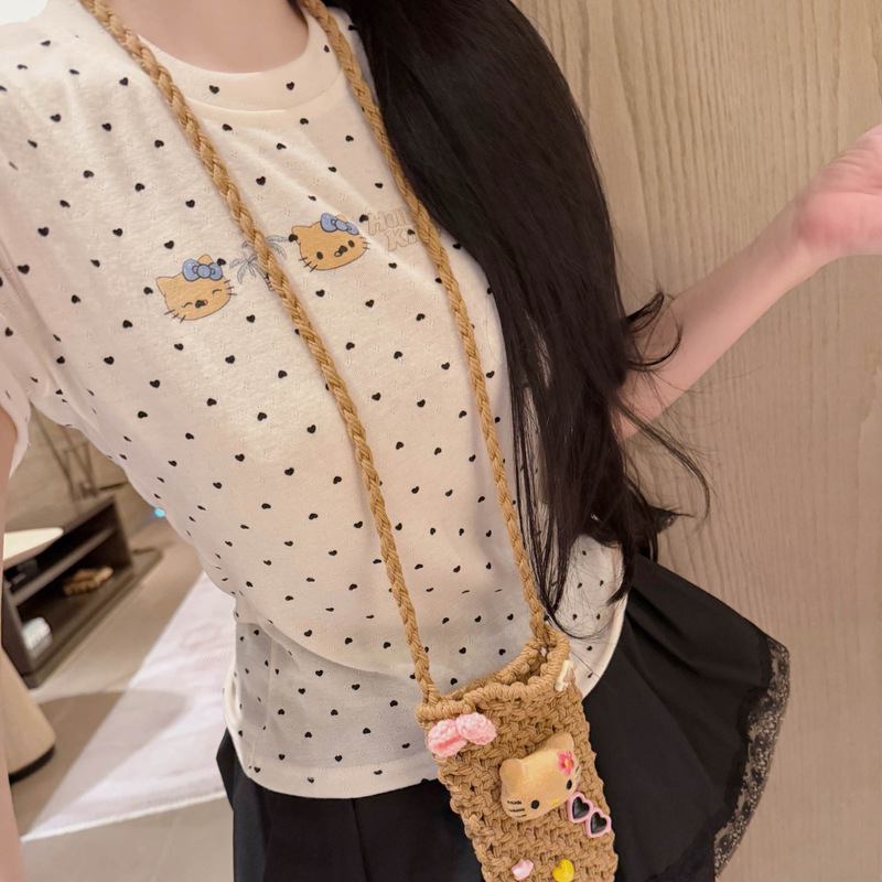 Short-Sleeve T-Shirt with Woven Bag Design, Featuring Sweet Kitty Cat and Heart Polka Dots, Slim Fit, Youthful, Short Style for Women in Summer