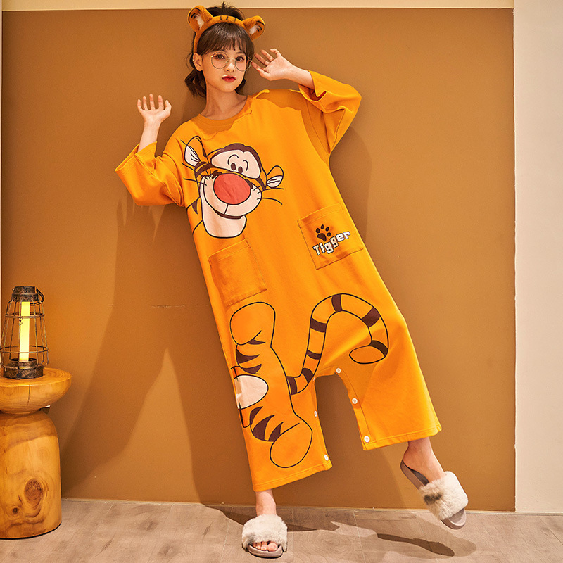 Women's Pajamas Cotton Spring and Autumn Mid-Sleeve One-piece Pants Skirt Two-wear Anti-glare Student Cartoon Round Neck Loose Home Clothes