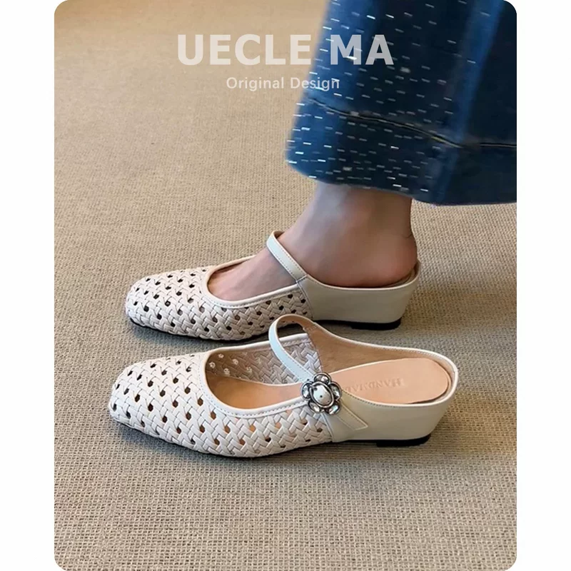 Овчина ~ Женские полутапочки с мешковатым носком, сандалии Birkenhole высшего качества и плетеные полые мюли на одной ноге.