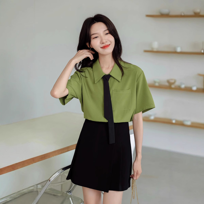 College Style Shoulder Short-sleeved Shirt Women's Summer New Loose Design Sense Irregular Hem Shirt for Tie
