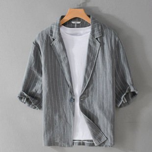 Spring and Summer Men's Striped Short-sleeved Casual Suit Linen Loose Youth Handsome Popular Simple Suit Y807