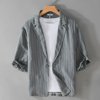 春夏季男装条纹短袖休闲西服亚麻宽松青年帅气流行简约西服Y807