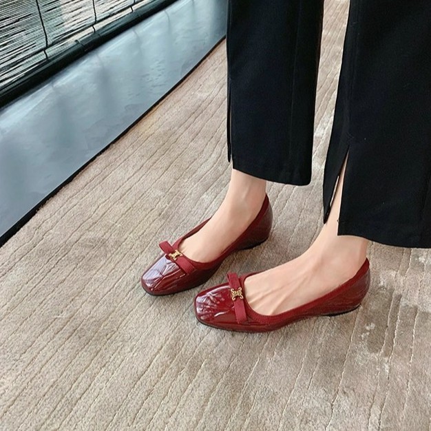 葡萄妈同款 内增高3cm~ 贵气金扣蝴蝶结方圆头厚底浅口单鞋女春秋|undefined