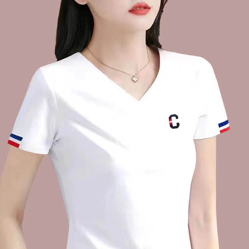 Pure Cotton V-Neck White Short-Sleeved T-Shirt for Women 2026 New Summer High-End Women's Fashion Top Style Half-Sleeved T-Shirt