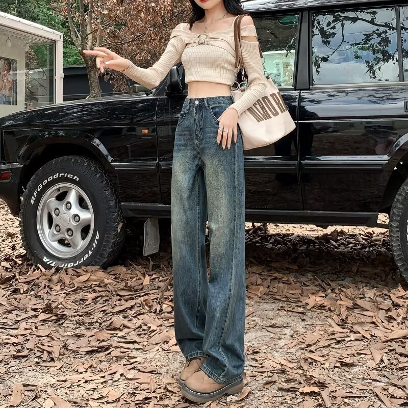 Narrow Wide-Leg Jeans for Women, Autumn High-Waisted, Drapey, Petite Straight-Cut, Loose Cotton, Popular on Meituan Online Supermarket