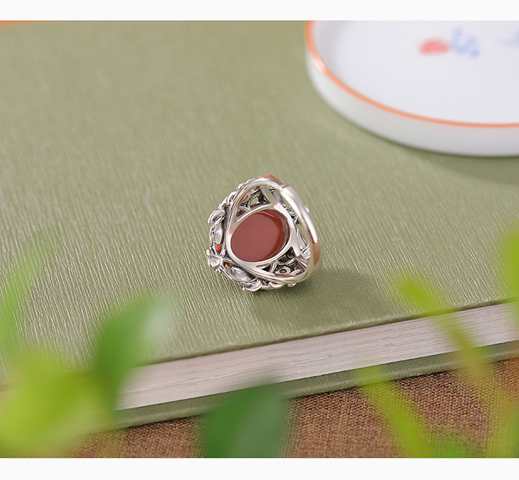 Nhẫn bạc S925 hình nai và hoa mã não đỏ mặt trứng phong cách retro cổ điển — Một chiếc chi tiết 5