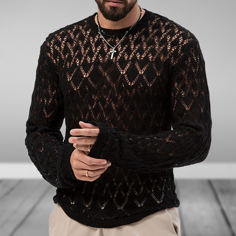 Männer Stricken Pullover Lange Hülse Dünne Kleidung Beiläufige Lose Aushöhlen Schwarz Pullover Männlichen Rundhals Atmungsaktive Feste Jumper Top_voghion.com