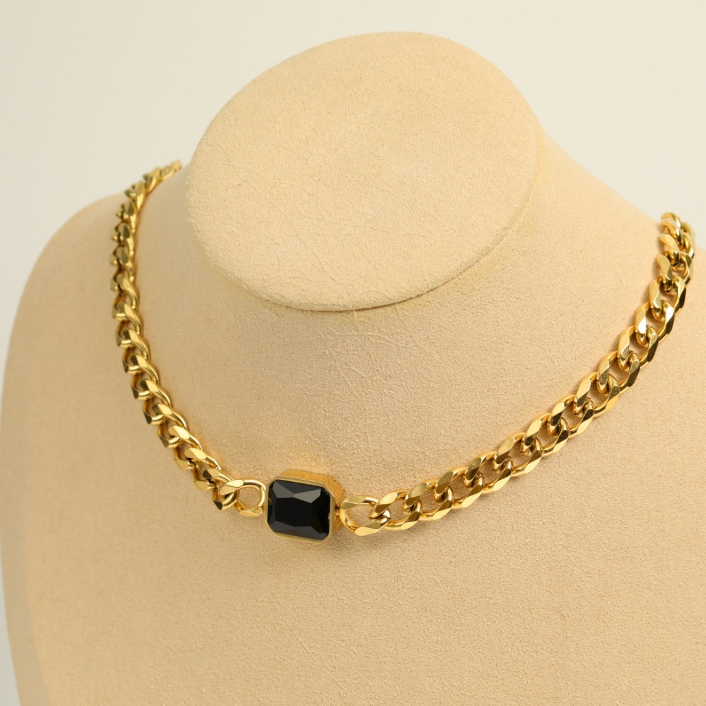 simple golden thick chain stainless steel inlaid zircon necklace