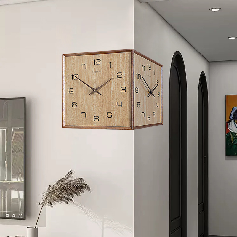 LL 목공 작은 삼촌 구멍이 뚫린 모서리 양면 시계 거실 단단한 나무 벽 시계 음소거 코너 양면 교수형