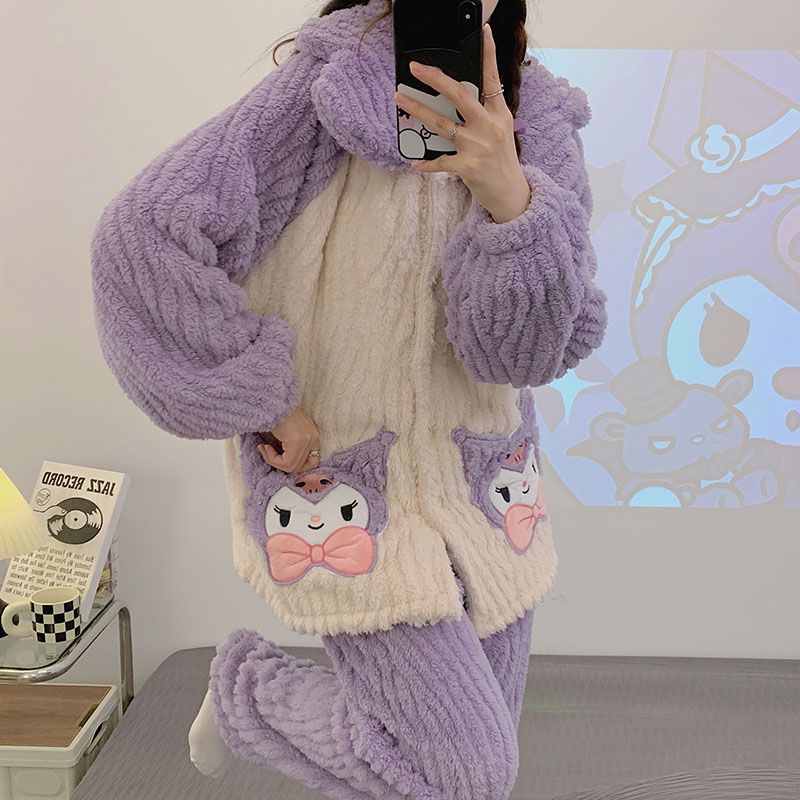 Otoño y invierno pesado abrigo pijama de mujer manga larga pantalones largos sueltos coral terciopelo dibujos animados ropa de casa damas terciopelo conjunto