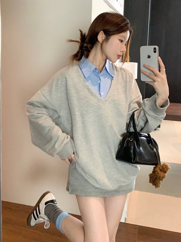 复古风Polo领撞色拼接假两件卫衣女秋季休闲宽松慵懒oversize上衣|undefined