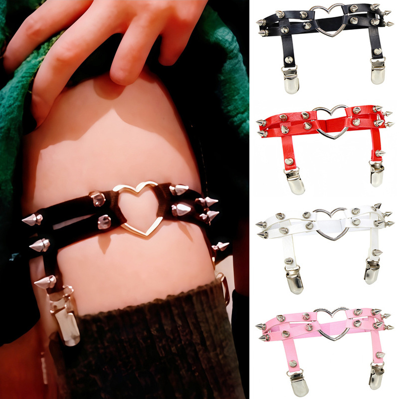 Eco-Friendly Pu Leather Harajuku Punk Heart-Shaped Handmade Rivet Punk Street Dance Leg Harness Foot Ring Garter Belt