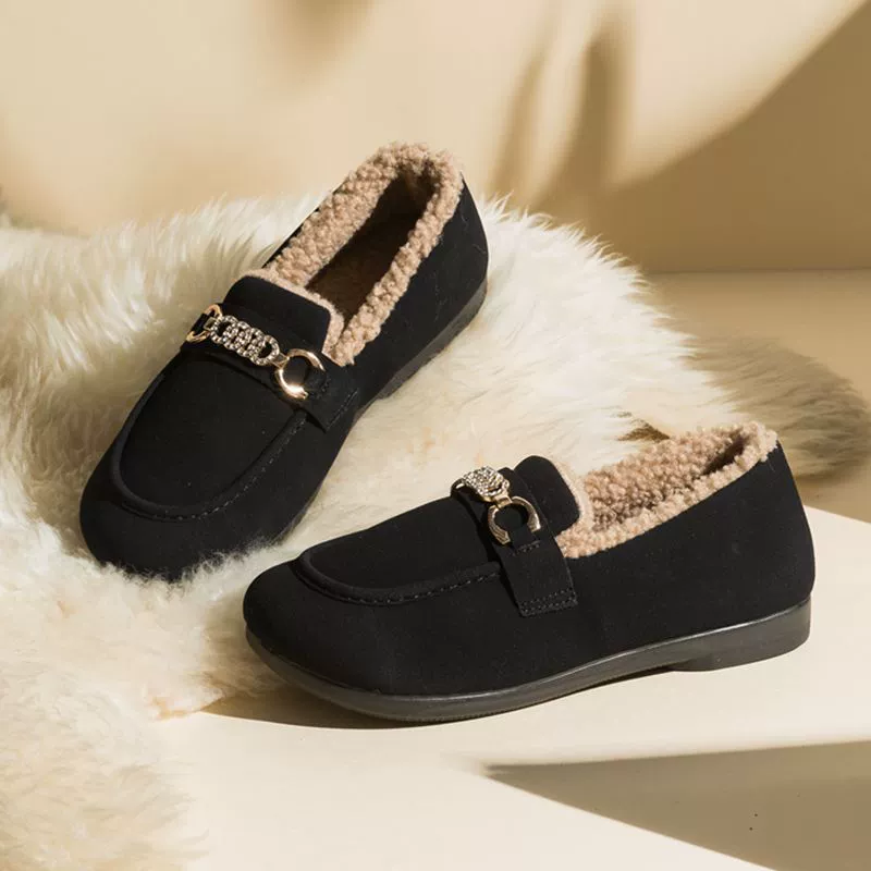 Обувь на флисовой подкладке, женская зимняя 2023, Новая повседневная теплая хлопковая обувь без шнуровки на плоской подошве с круглым носком, Женская Тканевая обувь Old Beijing