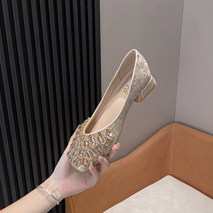 777-A3 Autumn and Winter 2024 New Square-toe Single-layer Shoes Thick Heel Middle Heel Flash Rhinestone Women's Shoes Fashion All-match Women's Shoes