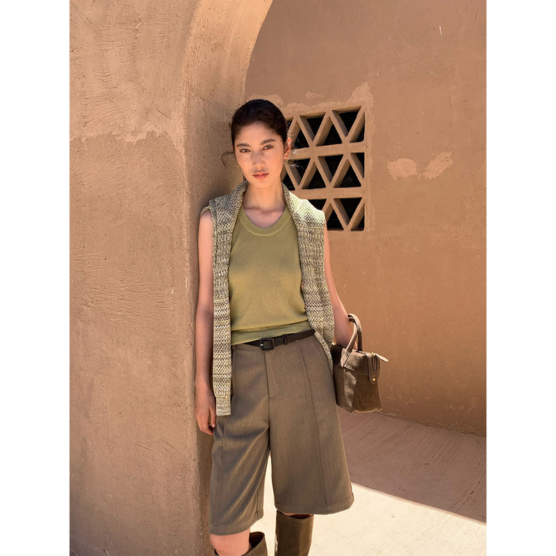 COMOS CMS Autumn High-Waisted Pleated Suit Trousers for Women, Simple Commute Straight-Cut Five-Point Pants 260262 COMOS CMS Autumn High-Waisted Pleated Suit Trousers for Women, Simple Commute Straight-Cut Five-Point Pants 260262