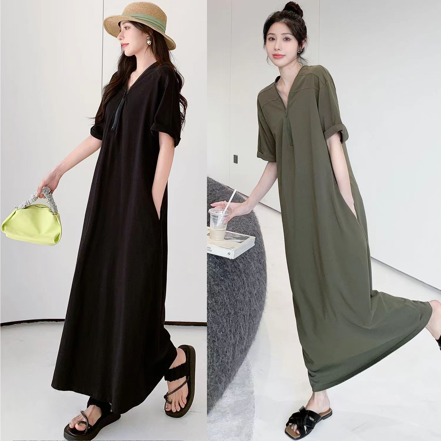 plus size mm Vintage Hepburn Zipper Long dress Women's Summer All-match V-neck Skirt Loose Slim Belly Covering Long Skirt