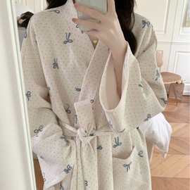 韩国ins女士秋冬新款韩版加厚夹丝棉蝴蝶结波点睡袍家居服睡衣女