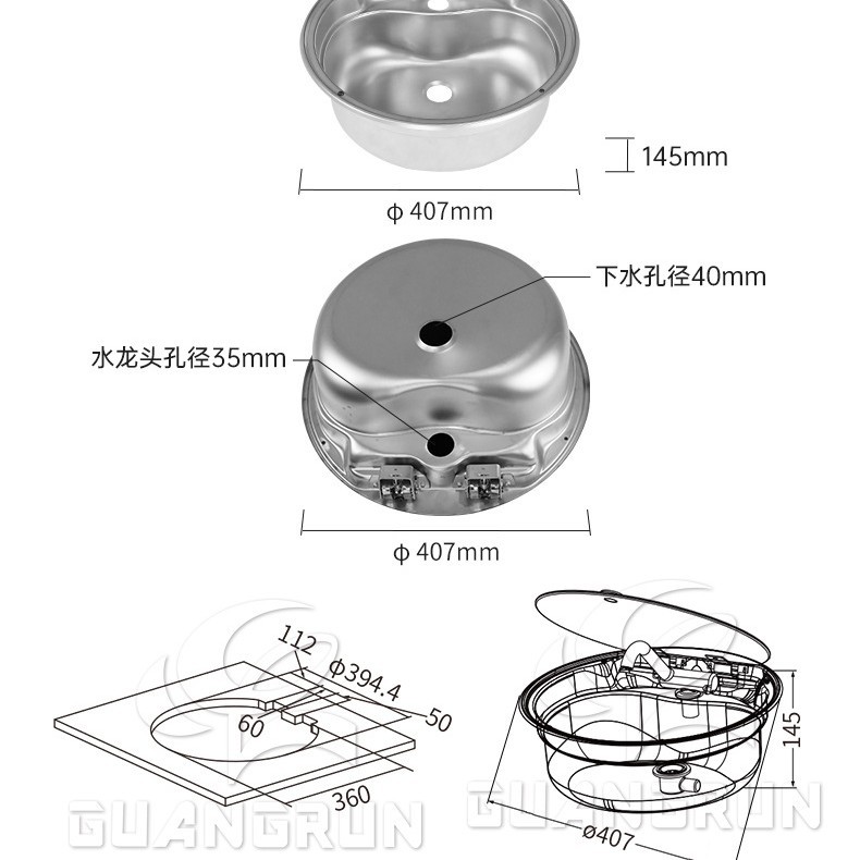 Fregadero especial para yate de RV genuino de Guangrun con tapa de vidrio templado para GR-570 de cocina y baño de RV