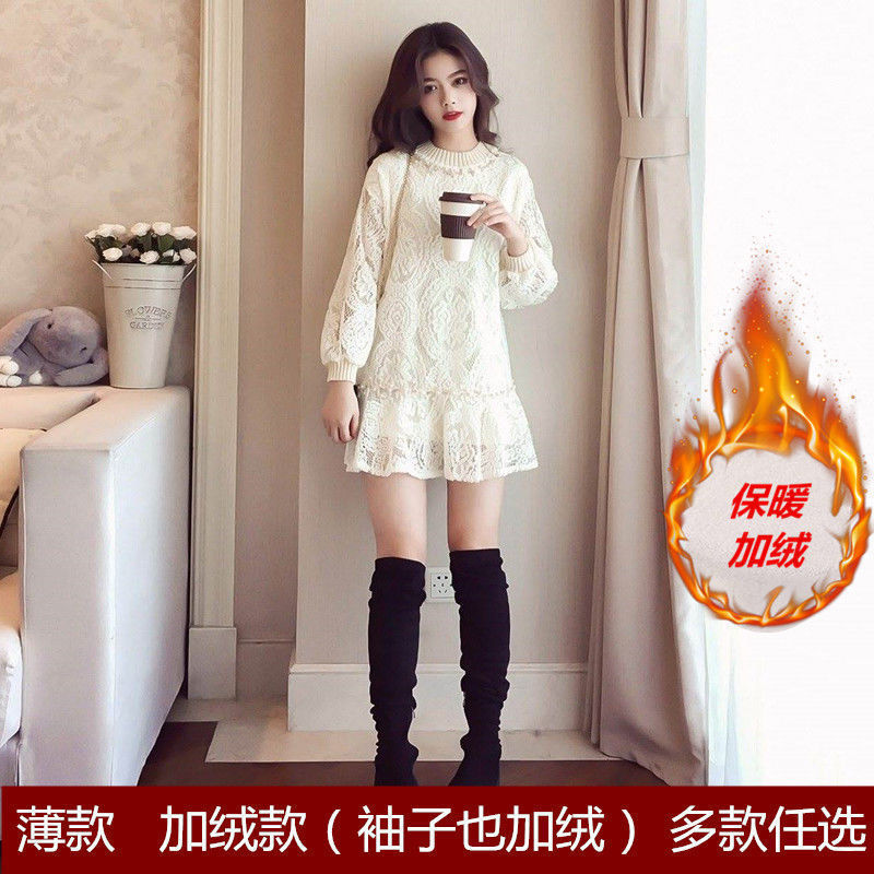 加绒加厚秋冬新款打底连衣裙韩版圆领缝珠荷叶边蕾丝打底a字短裙|undefined