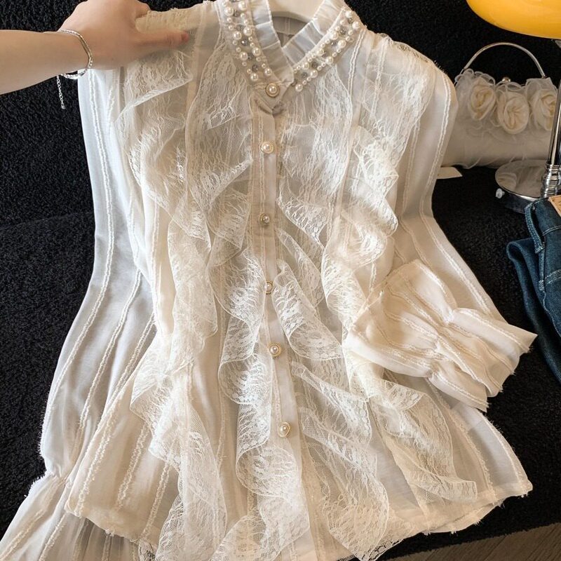 French court-style chiffon blouse for women, 2026 spring new model, Chanel-inspired inner layer, lace top French court-style chiffon blouse for women, 2026 spring new model, Chanel-inspired inner layer, lace top