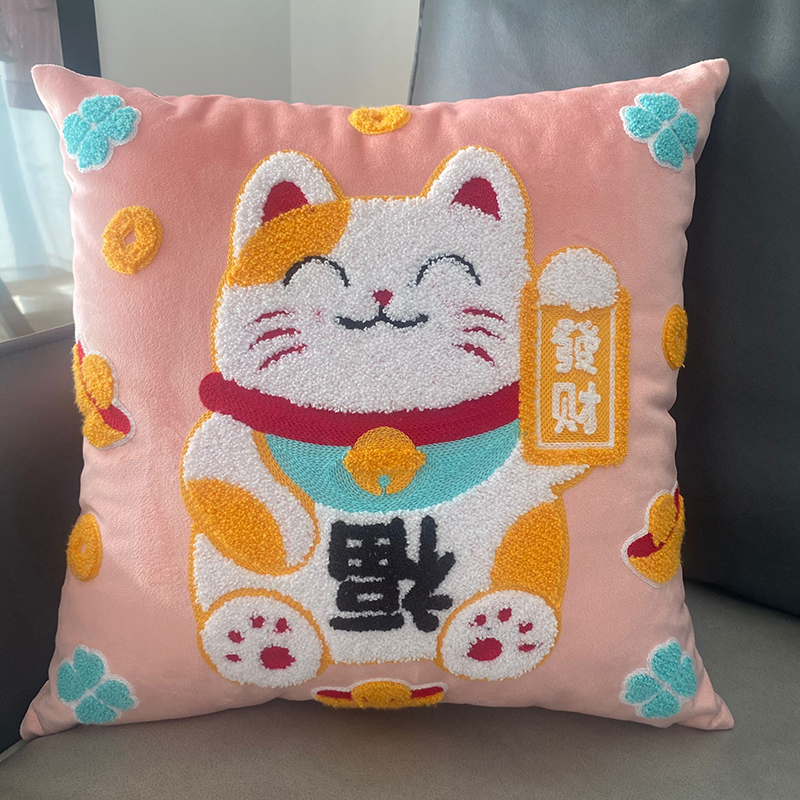 61K3 New Product Fortune Cat Embroidered Cushion Sofa Office New Year Cushion Three-Dimensional Towel Embroidered Pillow