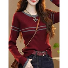 红色条纹针织衫长袖秋季2025新款爆款大码胖mm显瘦高级感打底上衣