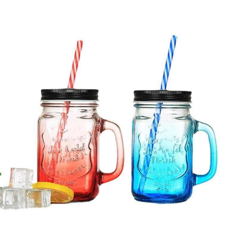 Gradiente al por mayor Mason taza paja mango taza de cerveza taza de la vendimia portátil de vidrio creativo