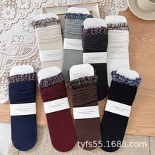 秋季儿童中筒袜韩系女童格子花边小腿袜精梳棉袜宝宝袜无跟堆堆袜