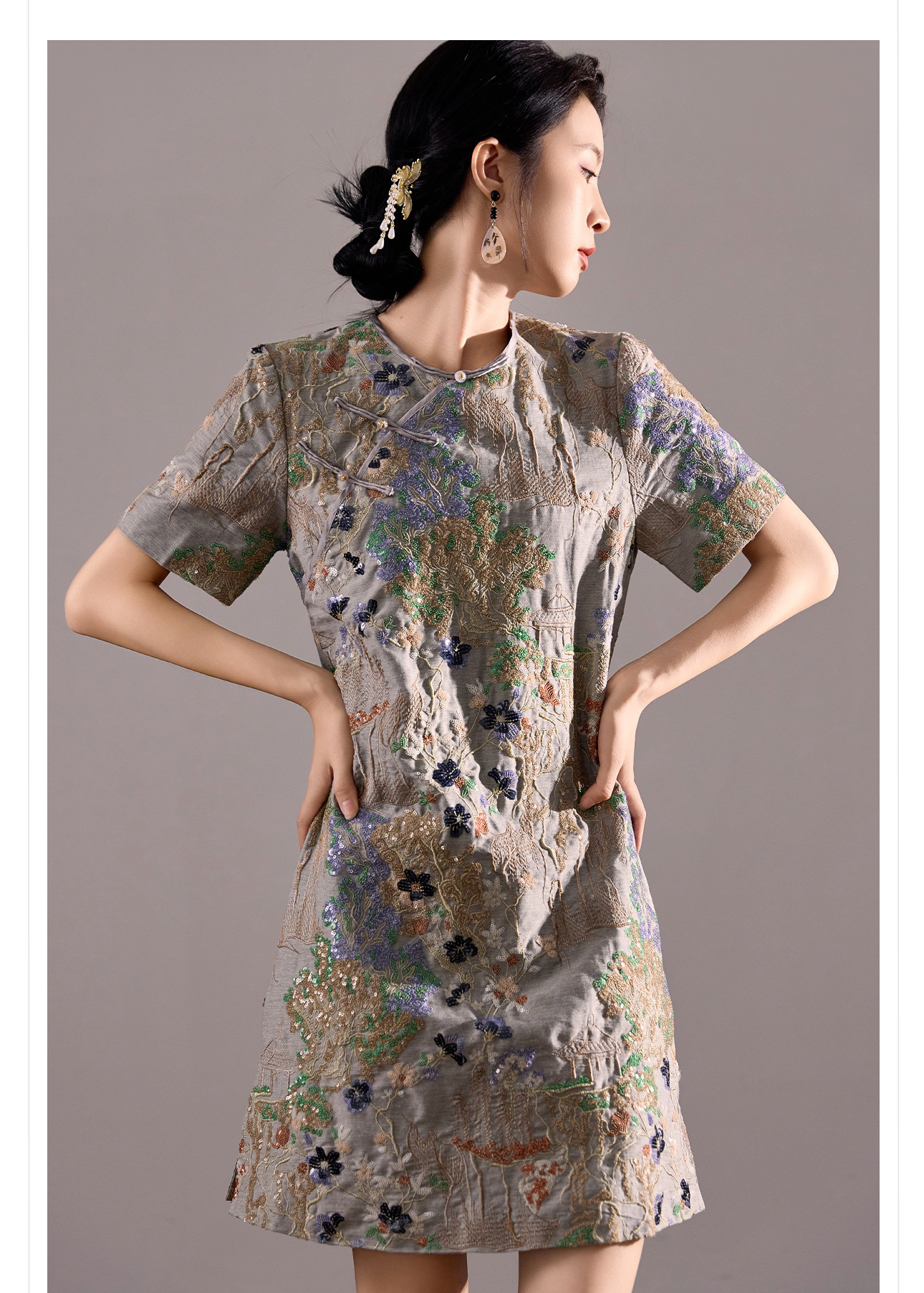 Váy ngắn thêu sequin phong cách Trung Hoa mới mùa hè M4239 — Màu xám chi tiết 14