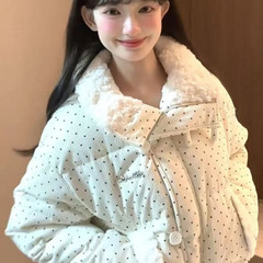 韩系设计波点棉服毛领冬季甜美新款加厚宽松棉袄外套面包短款棉服