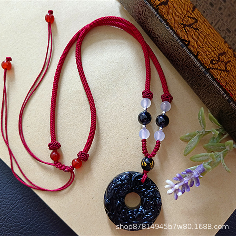 흑요석 더블 용감한 평화 버클 펜던트 (마노 구슬과 빨간 밧줄 포함)