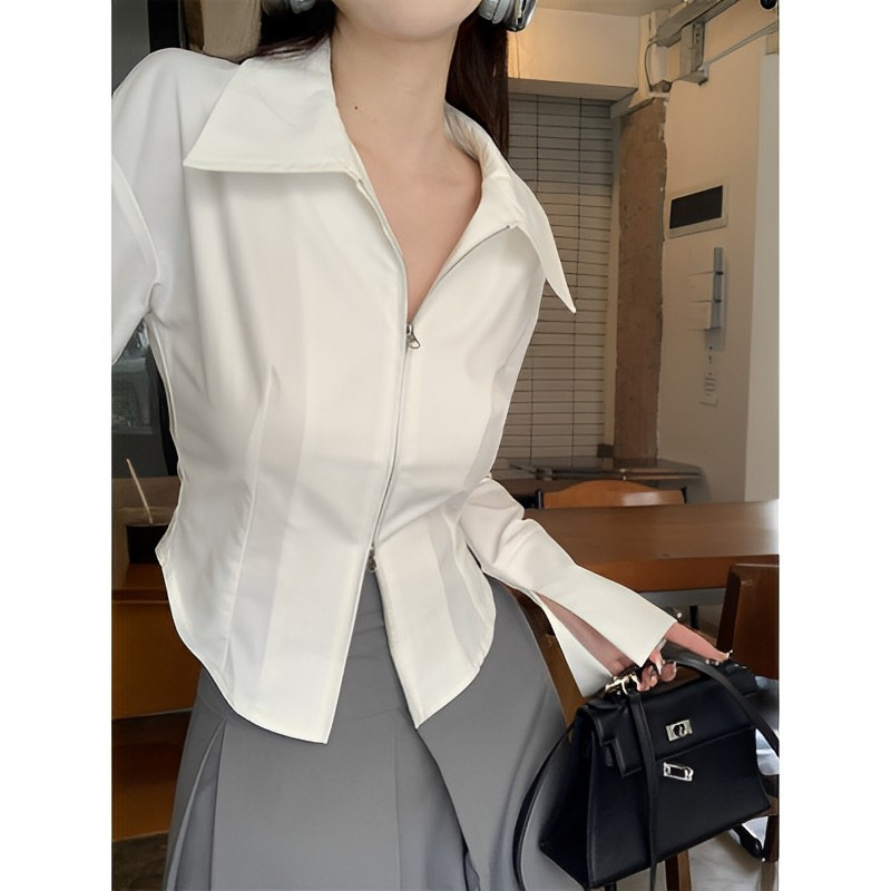 French Zipper Shirt Women's Spring and Autumn New Retro Double Zipper Short Slim-fit Tight Waist Slimming Spice Girl Long-sleeved Top