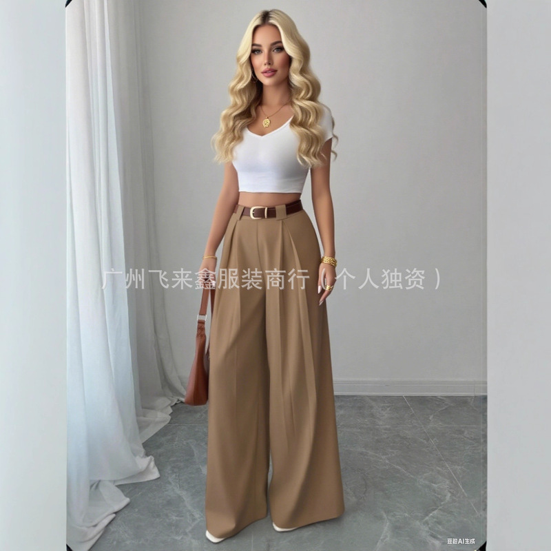 Cross-Border Women's Pants Autumn Casual High-Waisted Cropped Cotton Blend Trendy Breathable Drapey Wide-Leg Pants High Quality