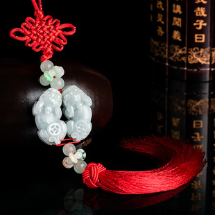 Natural Burmese A-Grade Jadeite Double Pixiu Tongcai High-End Car Pendant Chinese Knot Long Tassel Four Jadeware