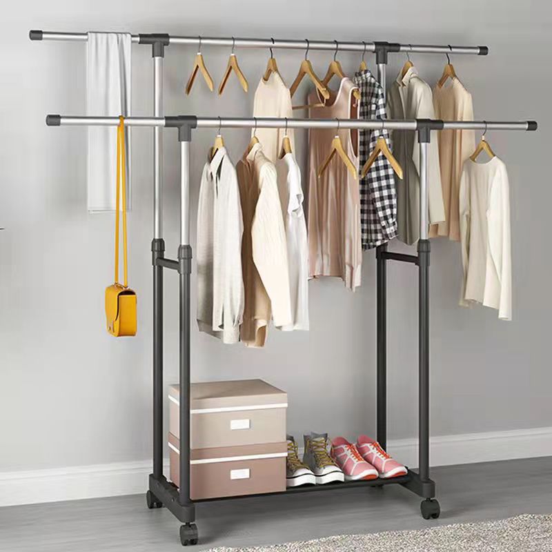 Stainless Steel Clothes Drying Rack, Double-Rod Floor-Standing Telescopic Coat Rack, Indoor Clothes Rack, Corner Household Clothes Hanger, Adjustable Height