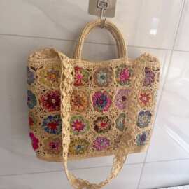 马达加拉菲草朝鲜拉菲草纯手工编织的斜挎女士花朵撞色手提单肩包